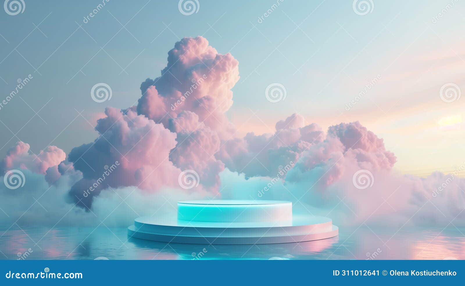 abstract 3d podium  in blue and pink with cloud motifs. the scene is for prodact presentation. generated by artificial