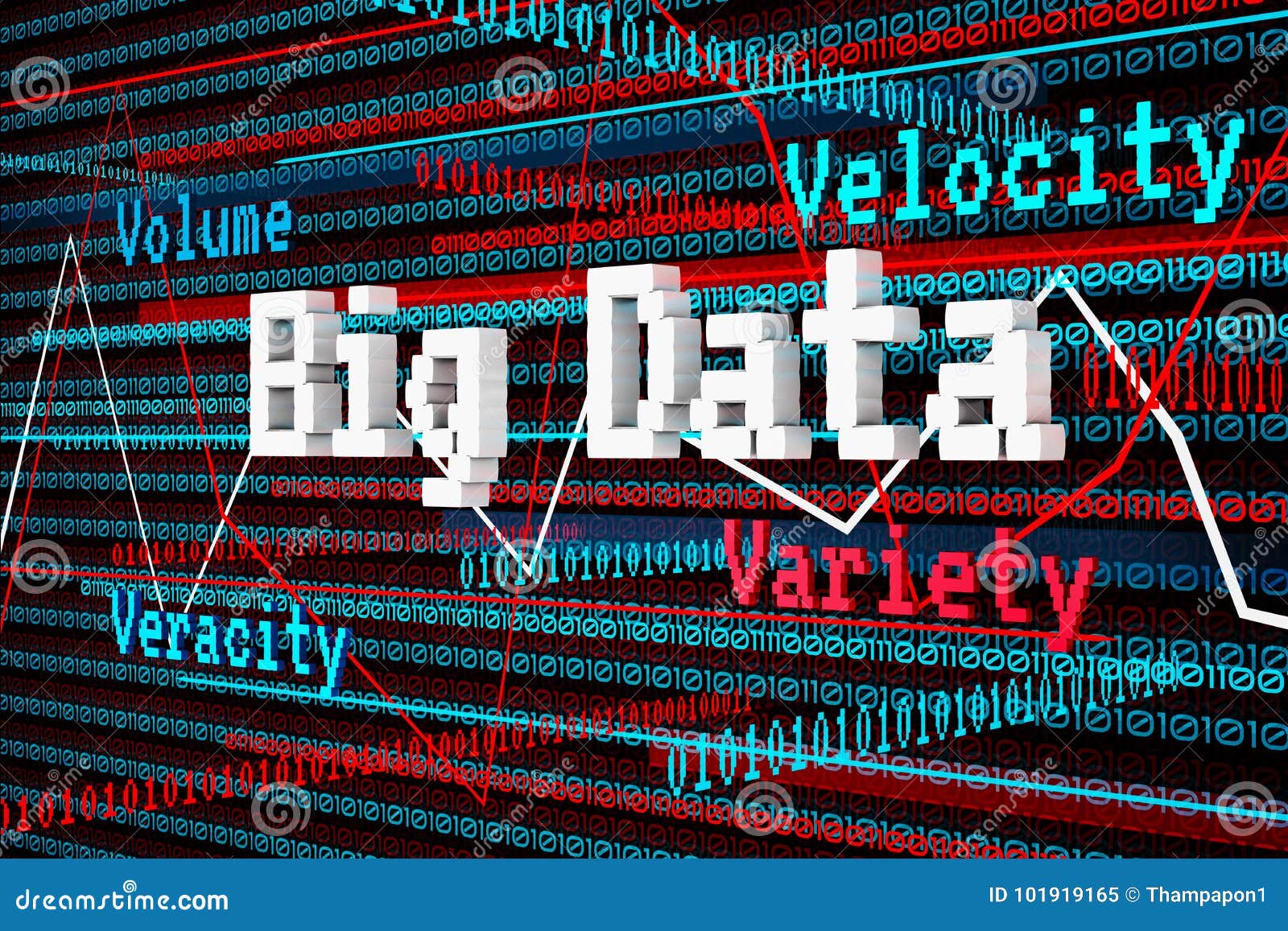 abstract 3d render big data, volume, velocity, variety, veracity