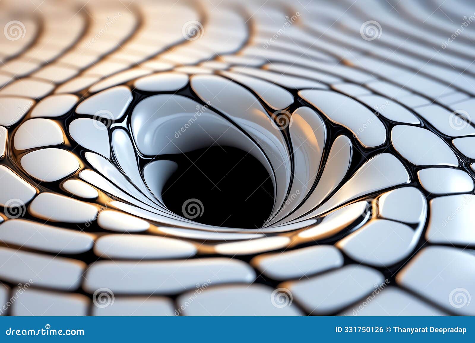 abstract 3d rendering of a swirling black hole with a white, patterned surface