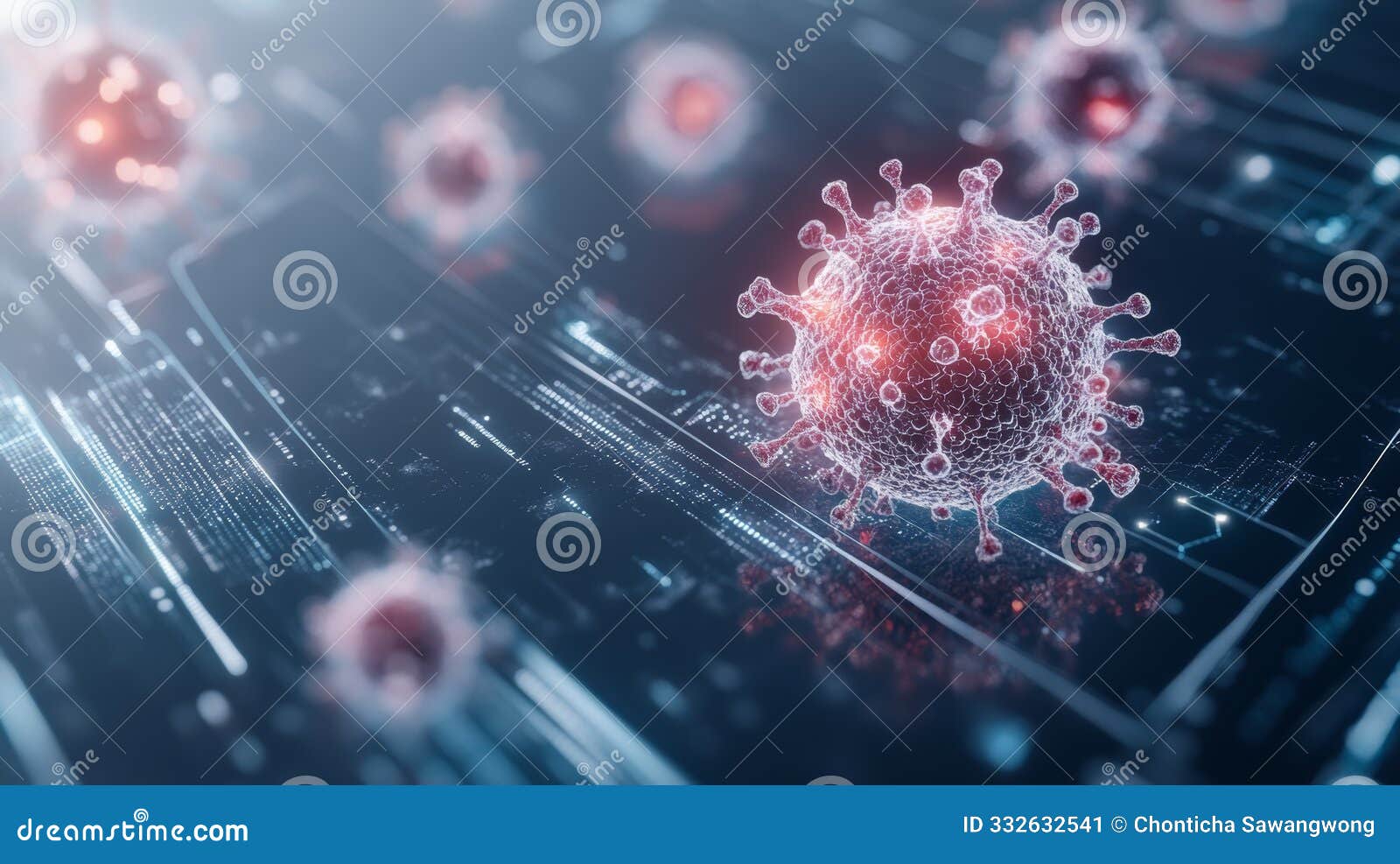 abstract 3d rendering of a virus on a digital circuit board, representing the spread of digital viruses or cyber threats