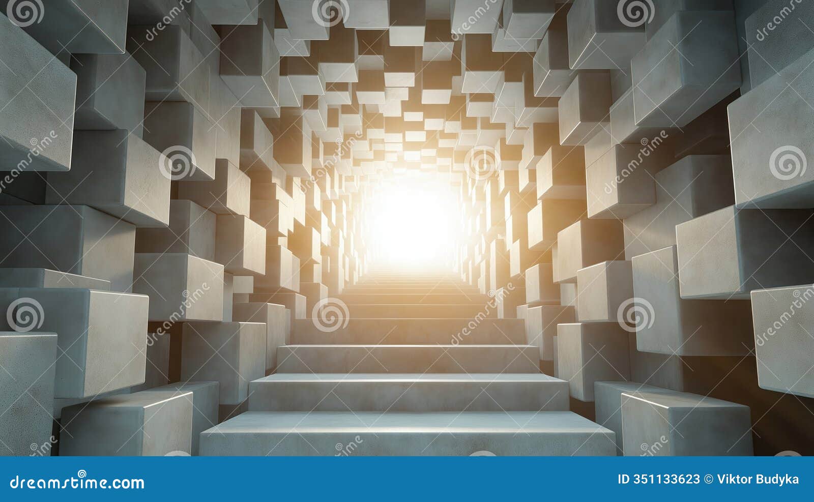 abstract 3d staircase  ascending towards bright light. metallic cubes form pathway career growth, achieving life goals.