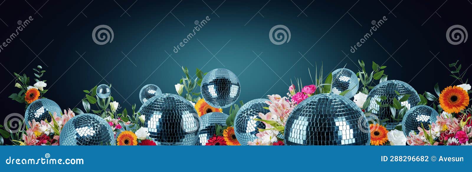 Abstract Dark Background with Mixed Disco Balls and Flowers Stock Photo