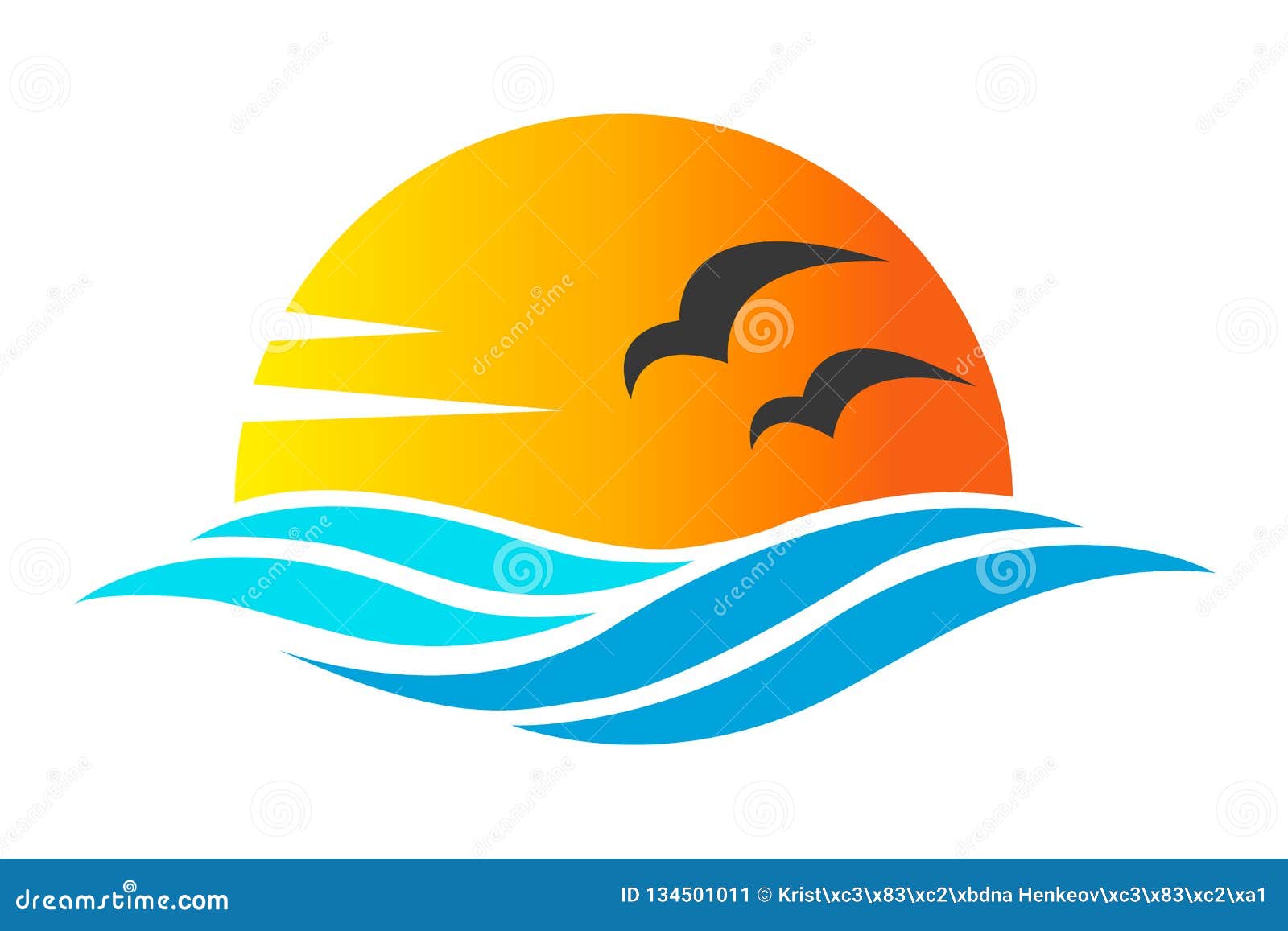 abstract  of ocean icon or logo with sun, sea waves, sunset and seagulls silhoutte in simple flat style. concept