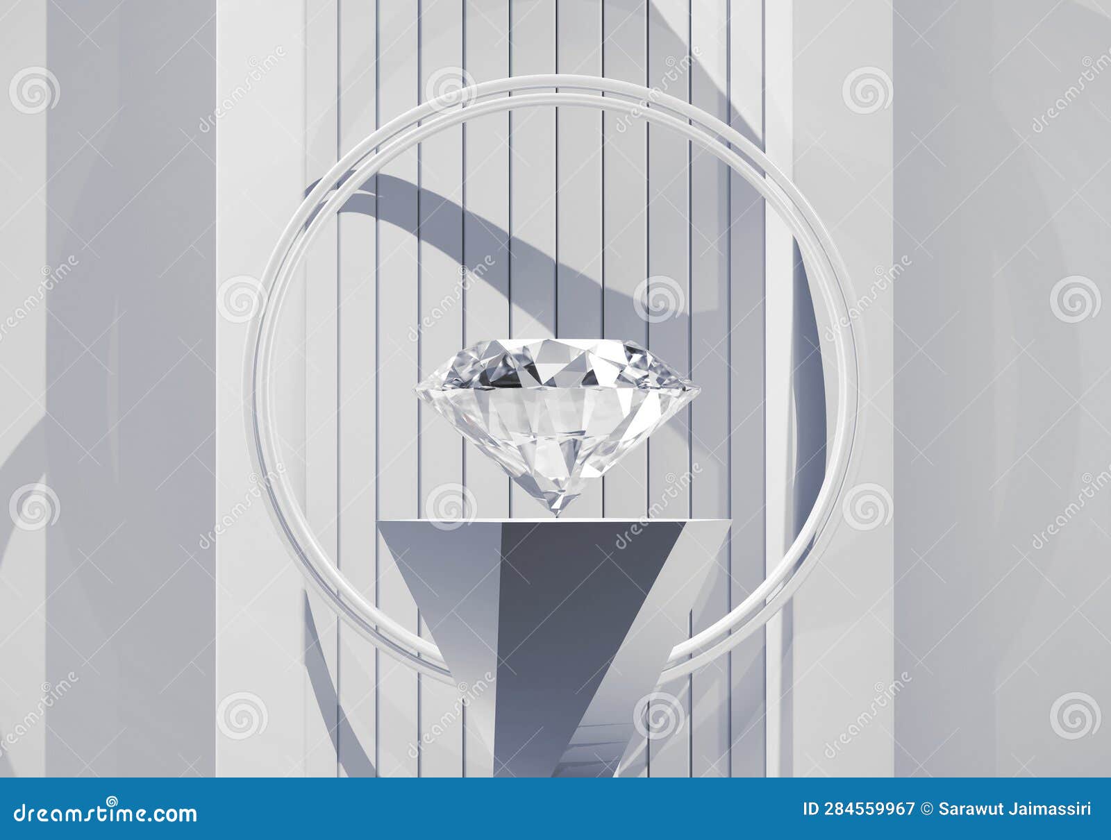 Abstract Diamond Gem Placed on White Pedestal Background 3d Render Stock Illustration