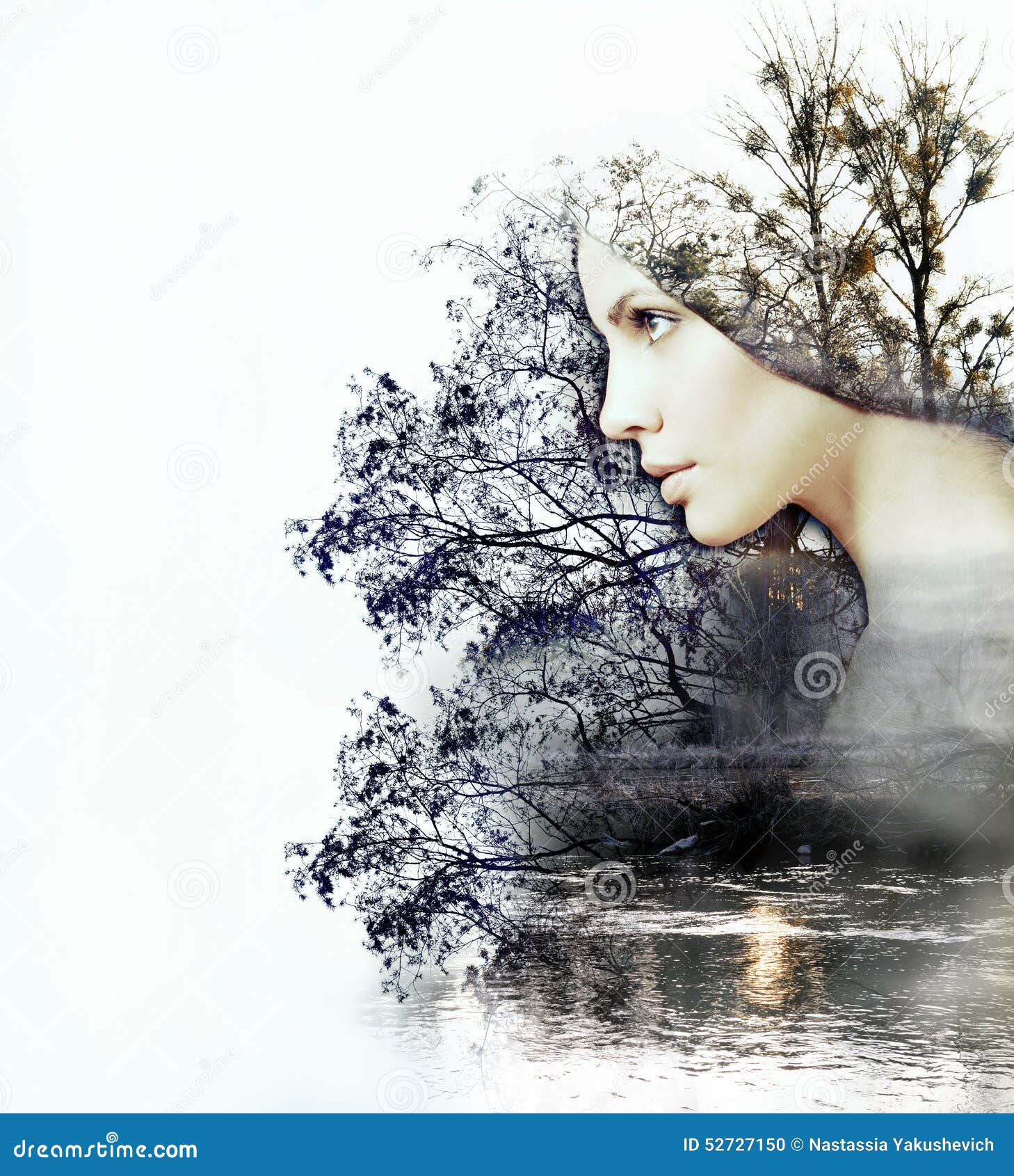 abstract double exposure of woman and beauty of nature at the su