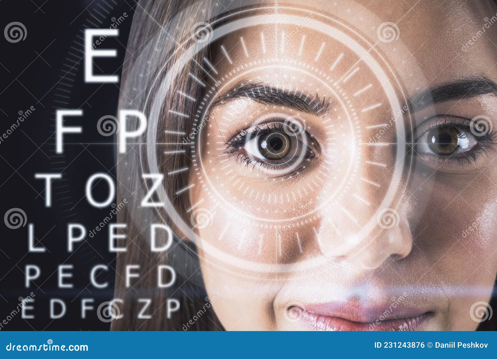 Abstract Eyesight Image with Attractive Happy European Female Portrait,  Digital Eye Lens and Letters on Dark Background. Optical Stock Photo -  Image of futuristic, correction: 231243876