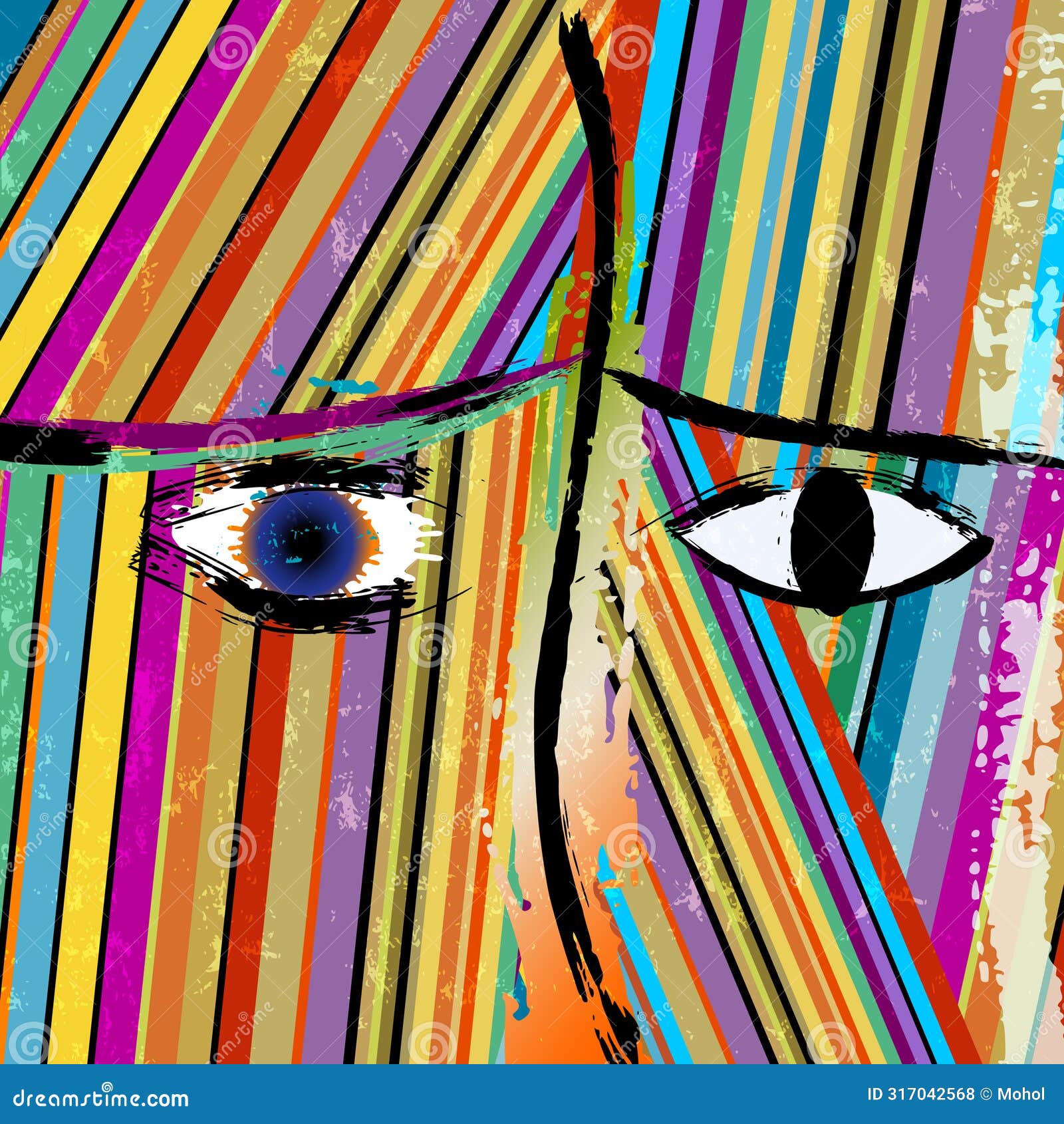 abstract face or mask, with vertical lines, paint strokes and splashes, art inspired