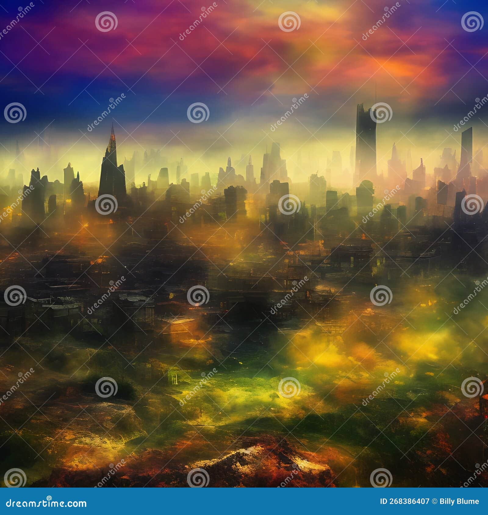 Abstract Fictional Scary Dark Wasteland City Background Deep Colorful