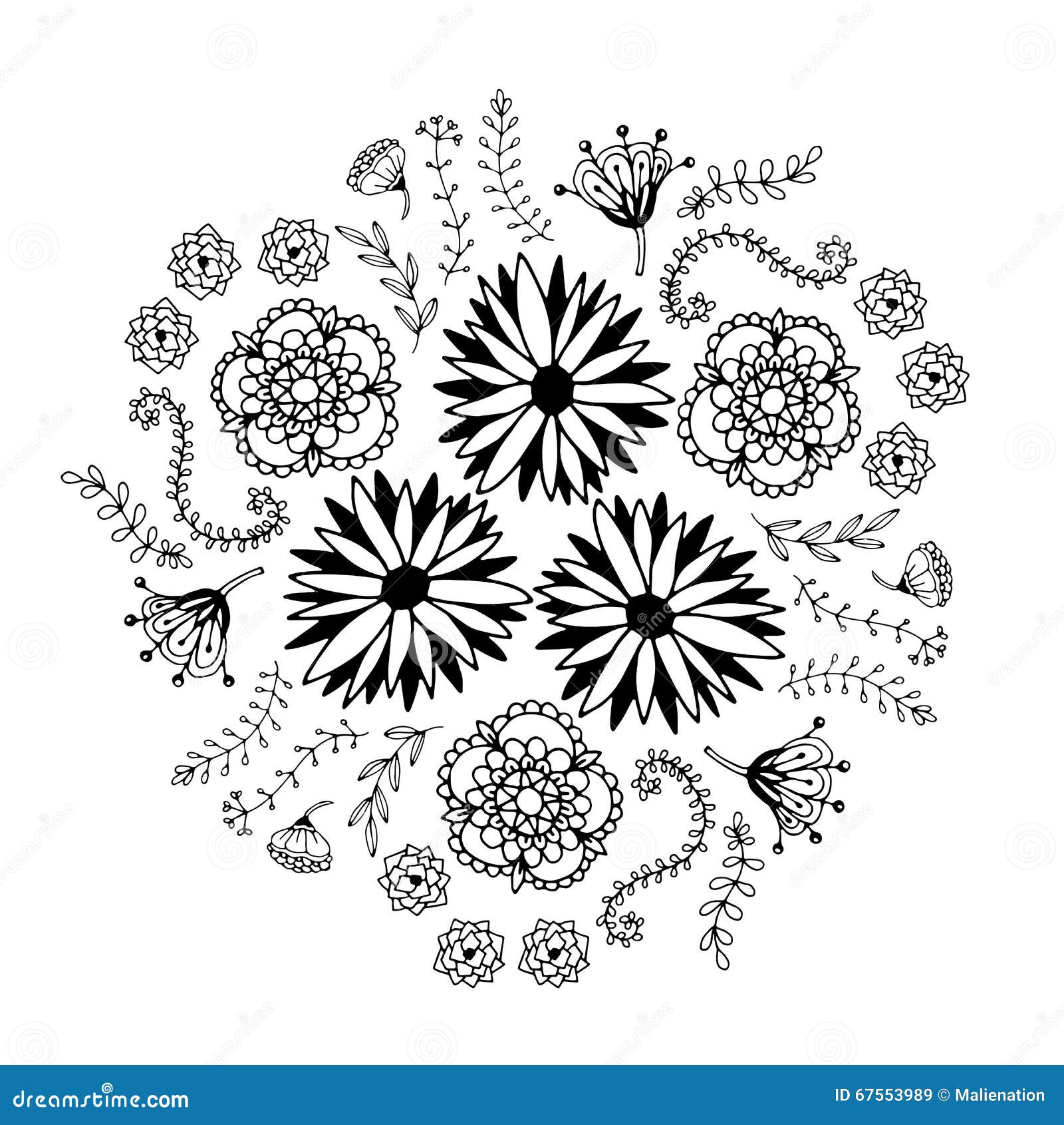 Download Abstract Floral Circle With Doodle Flowers. Round ...