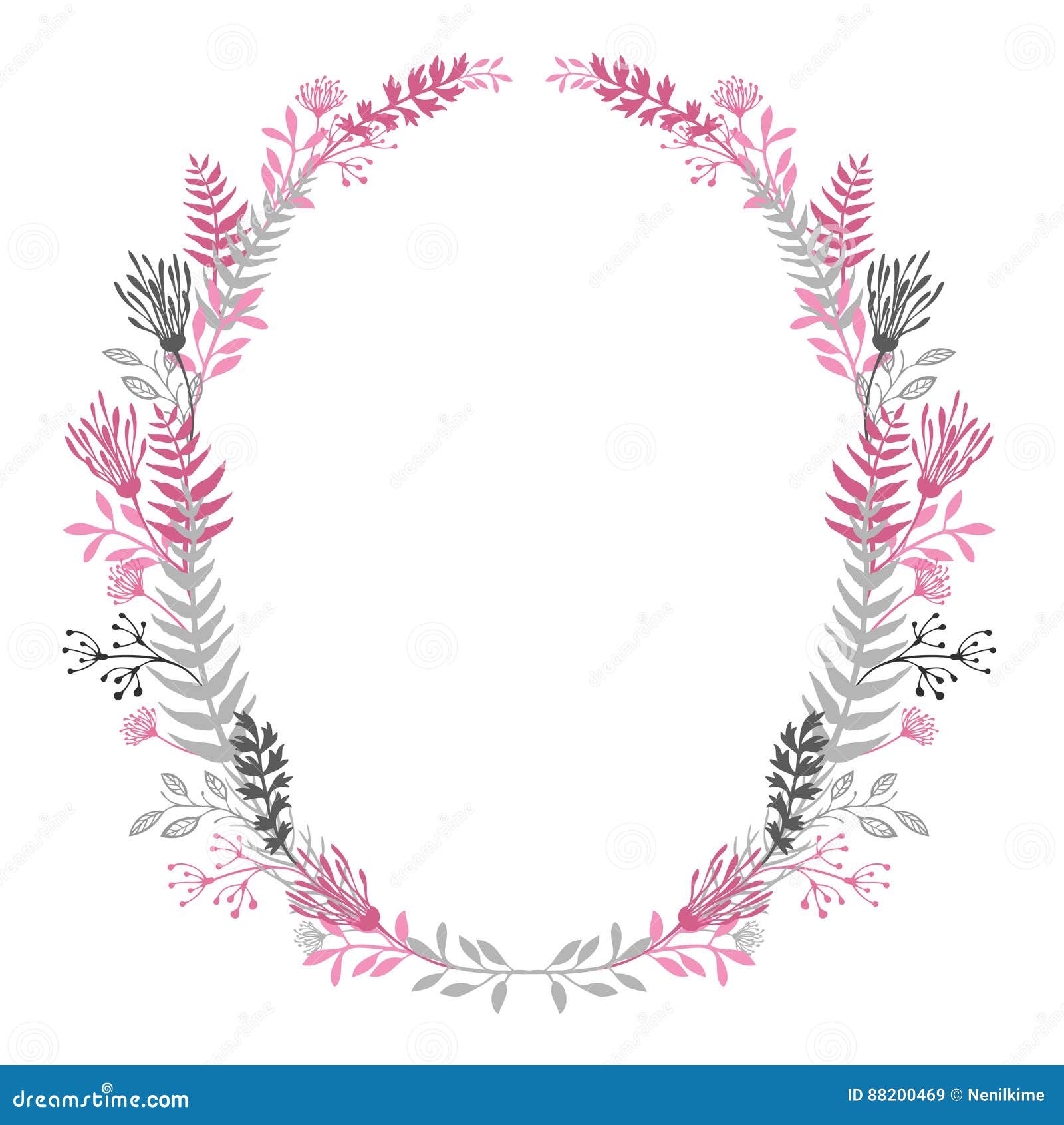 Abstract Floral Oval Frame Gray and Pink Color Stock Vector