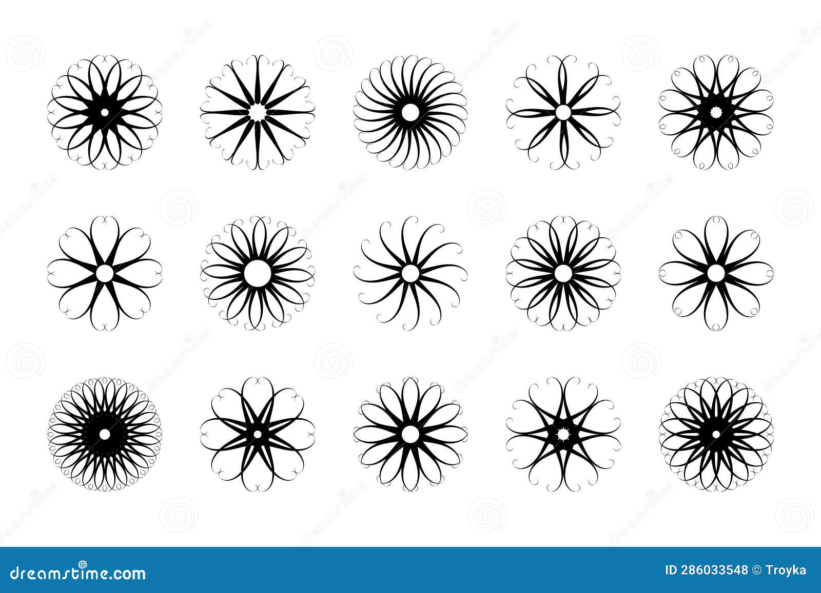 Abstract Flower Icons Set. Radial Rotation Circle Patterns Stock