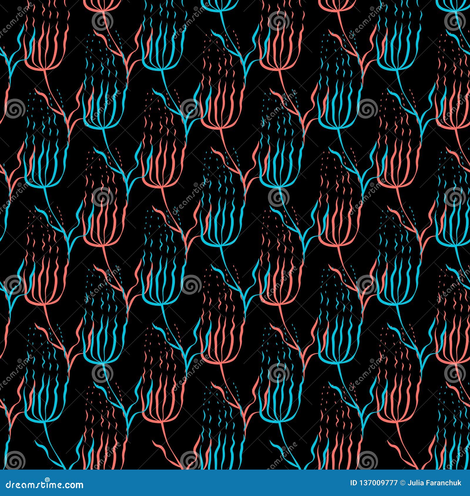 abstract flowers with thin petals. color coral and turquoise on black background