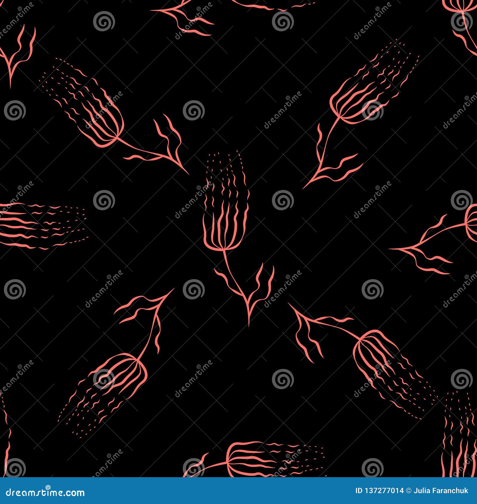 abstract flowers with thin petals. seamless pattern. color coral on black background