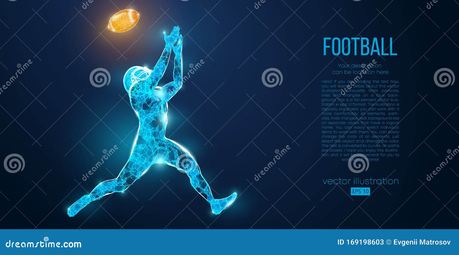 abstract football player from particles, lines and triangles on blue background. rugby. american footballer. 