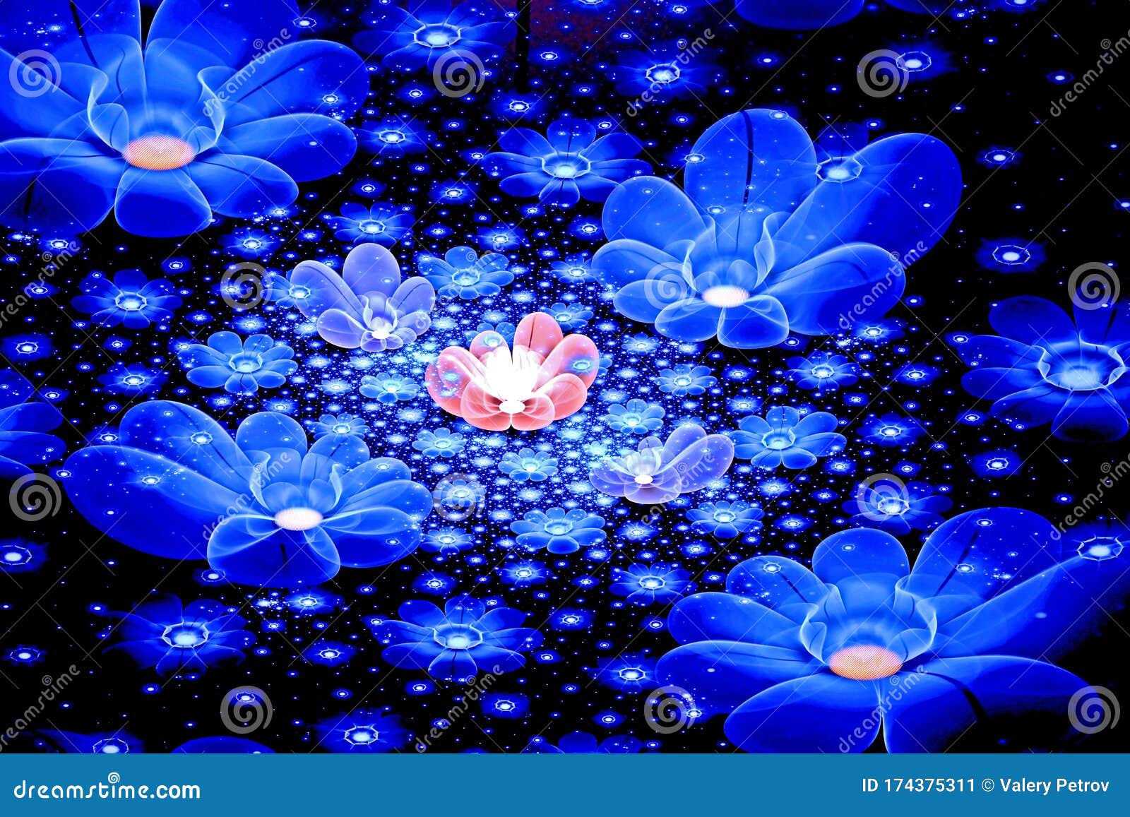 Abstract Fractal 3d Space Blue Flowers Against a Dark Beautiful ...