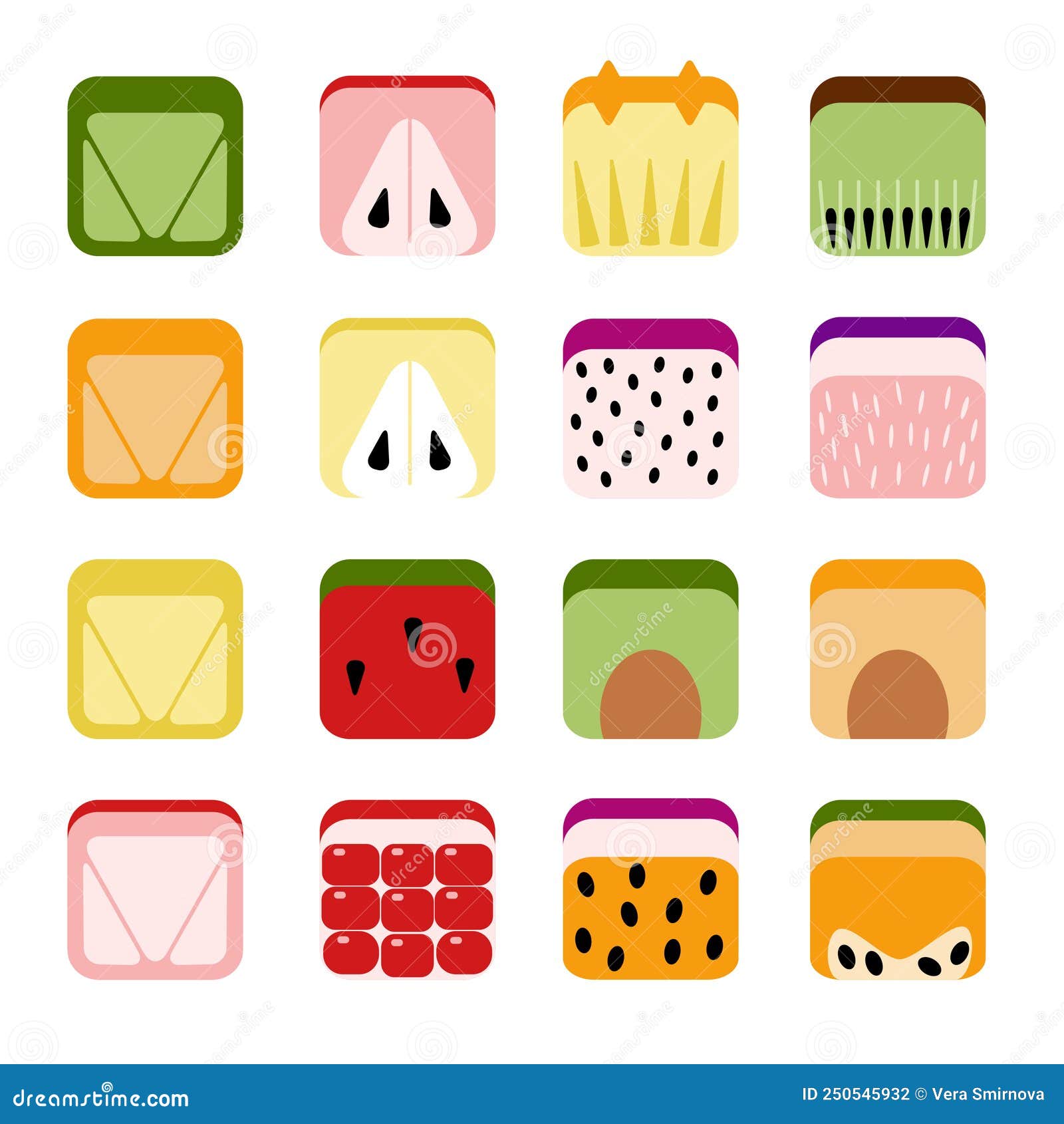 abstract fruit icons set. square d cube block fruits. watermelon, citrus pomegranate kiwi apple pear, dragon fruit, avocado