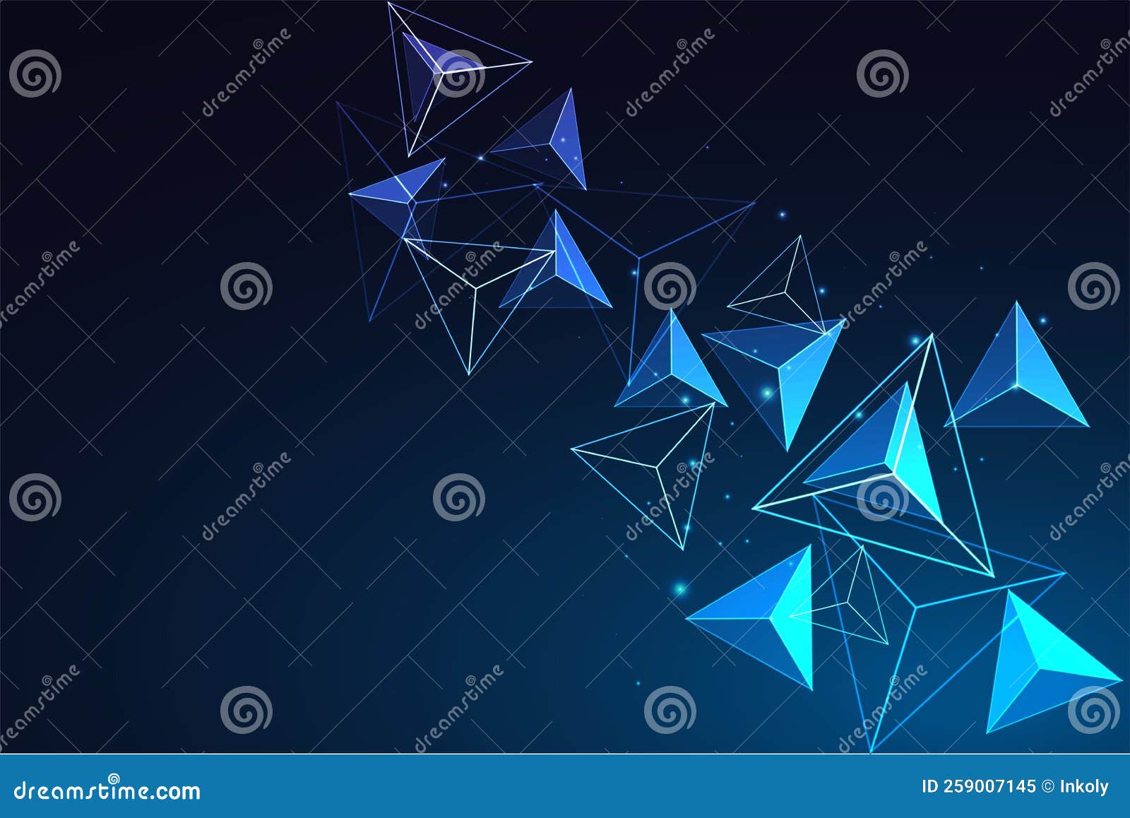 abstract futuristic dynamic banner with glowing blue triangles and tetrahedra on blue background