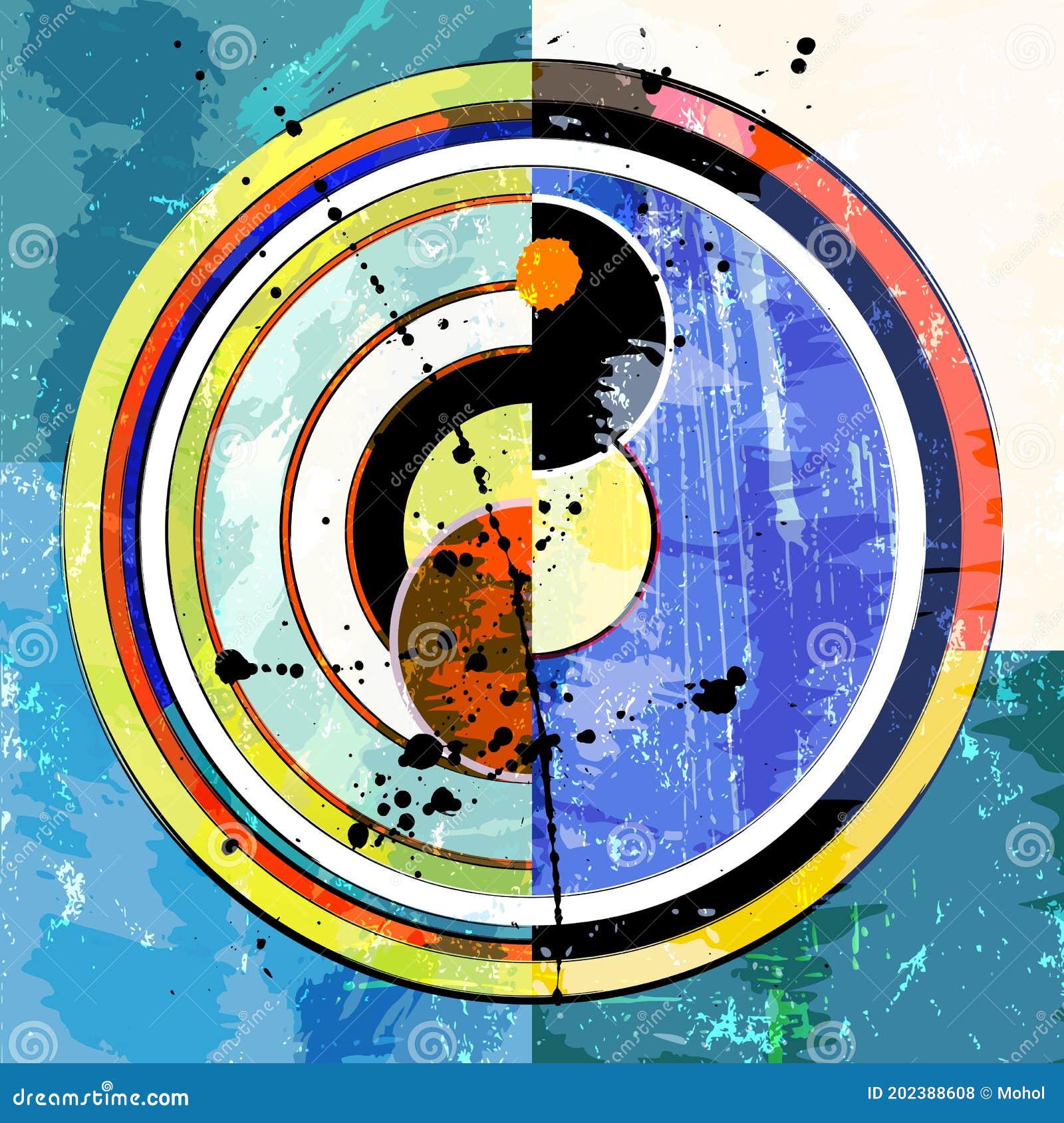 abstract geometric artwork,  inspterd by abstract art of the 1920 with circles, paint strokes and splashes