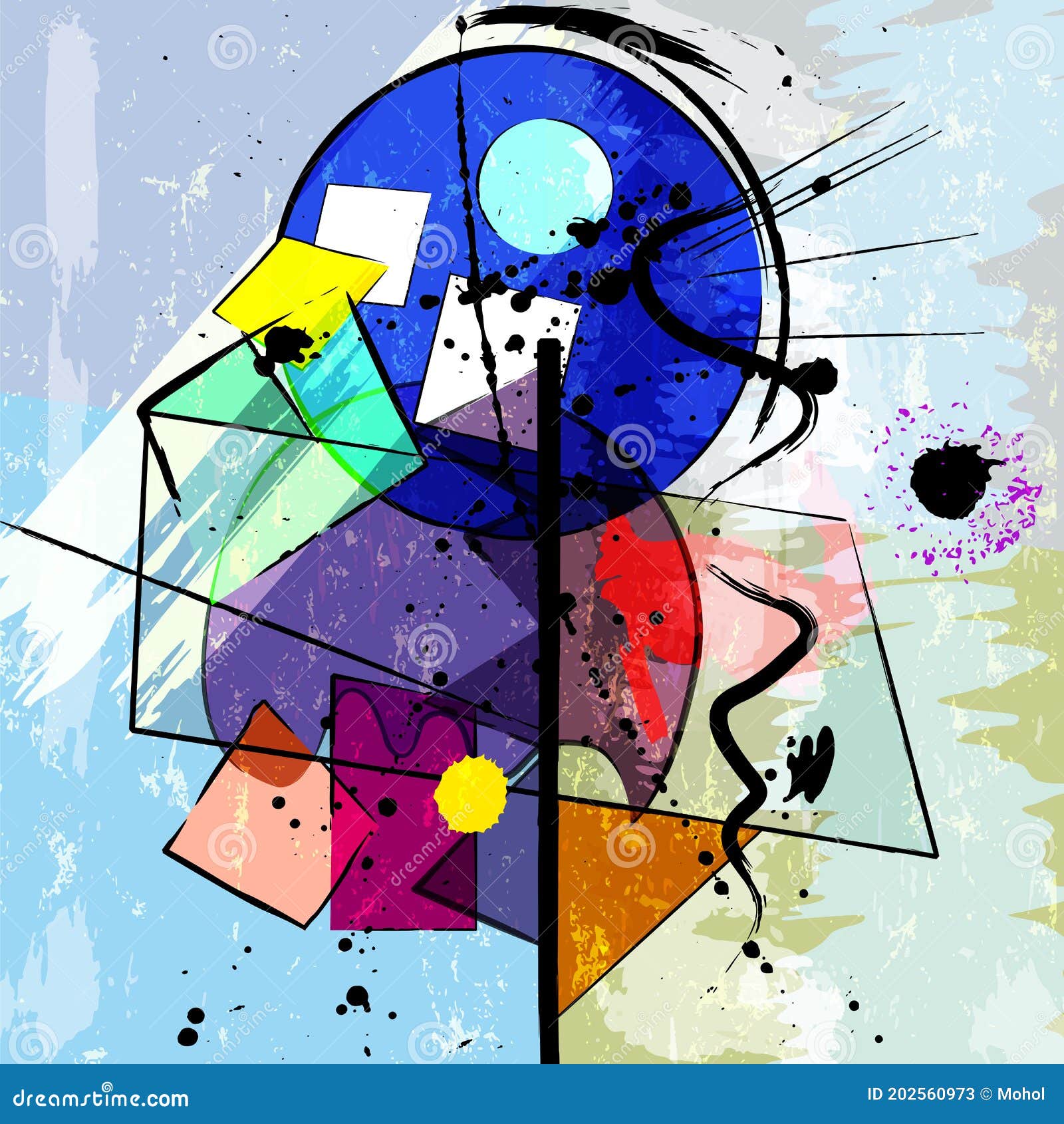 abstract geometric artwork,  inspired by abstract art of the 1920 with circles, paint strokes and splashes