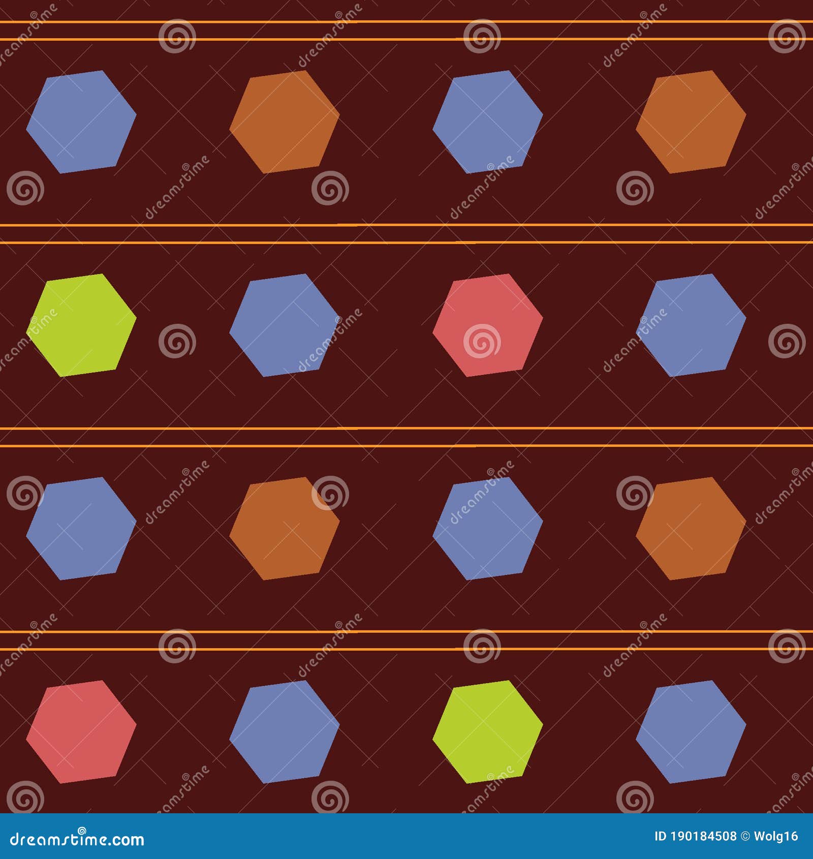equilateral hexagons of blue, pink, olive and brown on a dark background for textiles. seamless pattern