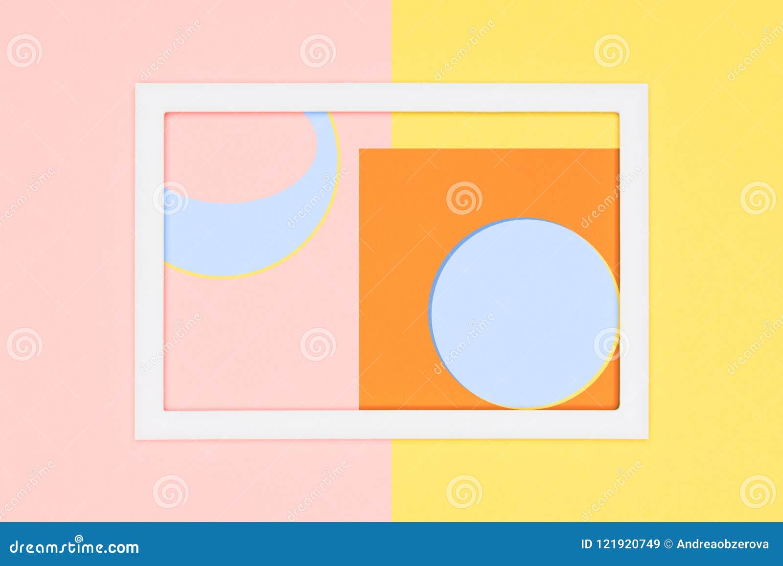 Abstract pastel colored paper texture minimalism background. Minimal  geometric shapes and lines composition with empty picture frame. Stock  Photo