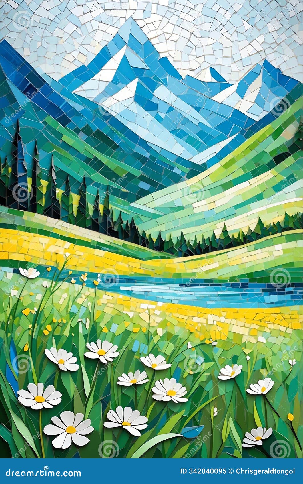 abstract glass mosaic mountain meadow in spring portra ai generated