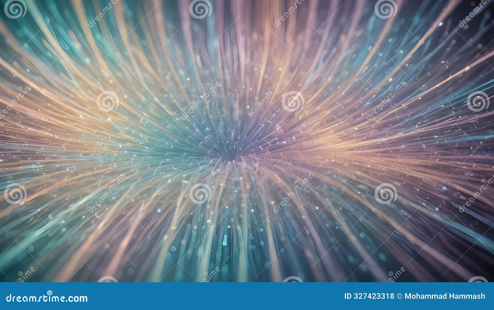 an abstract, glowing burst of colorful light streaks resembling a starburst or an explosion, with a soft blue, orange