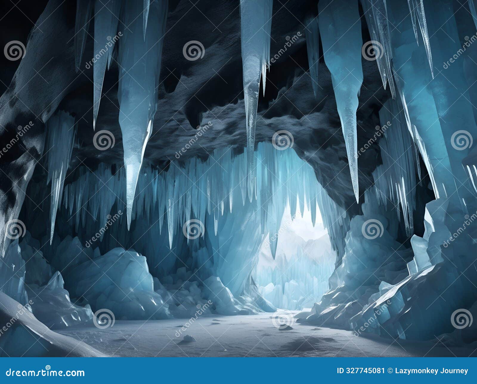 abstract glowing ice cave of large ice crystal covered with frost