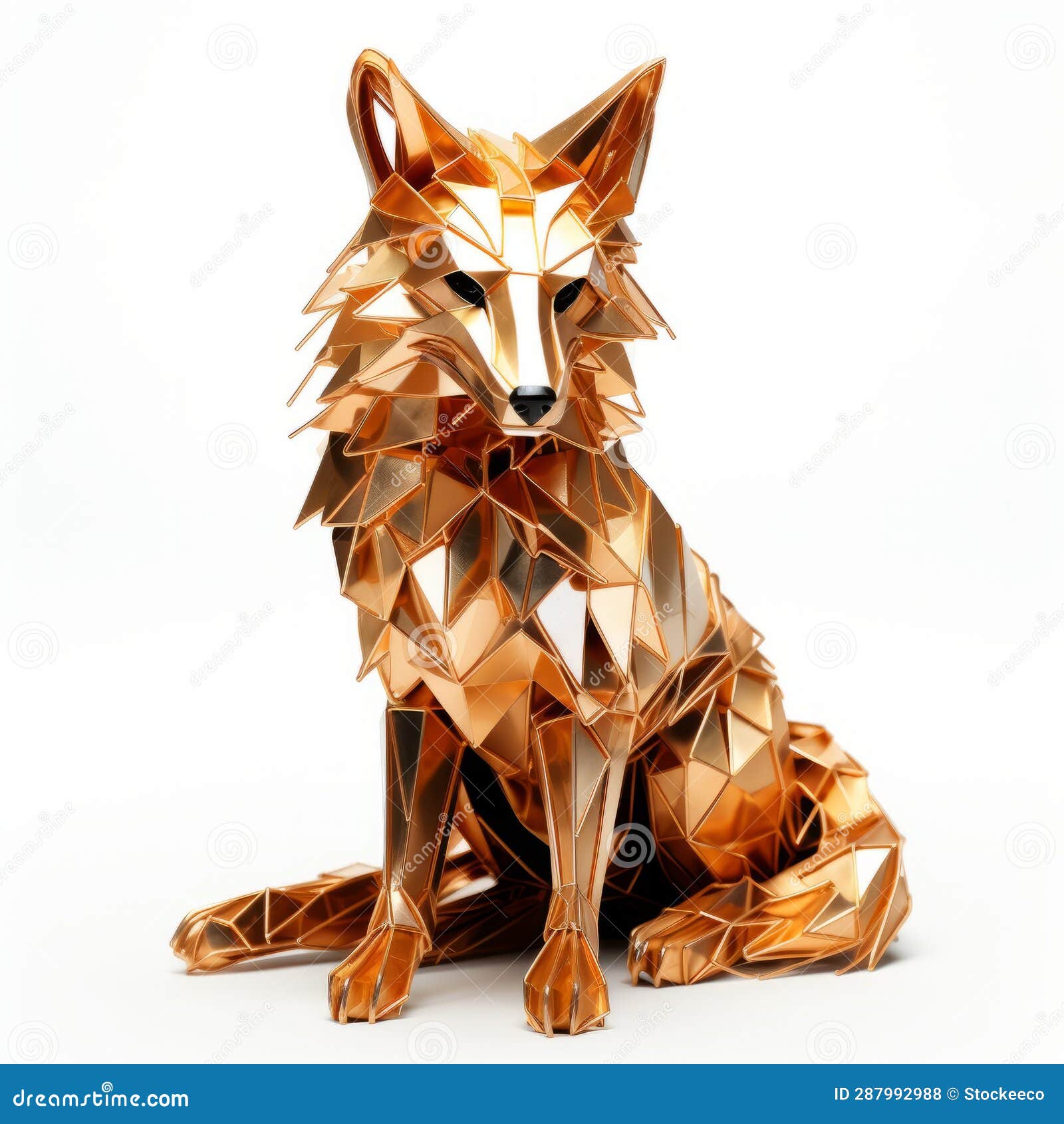 abstract golden fox 3d model with metal texture on white background