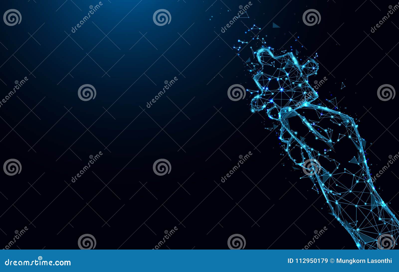 abstract hand holding jigsaw puzzle form lines and triangles, point connecting network on blue background.  