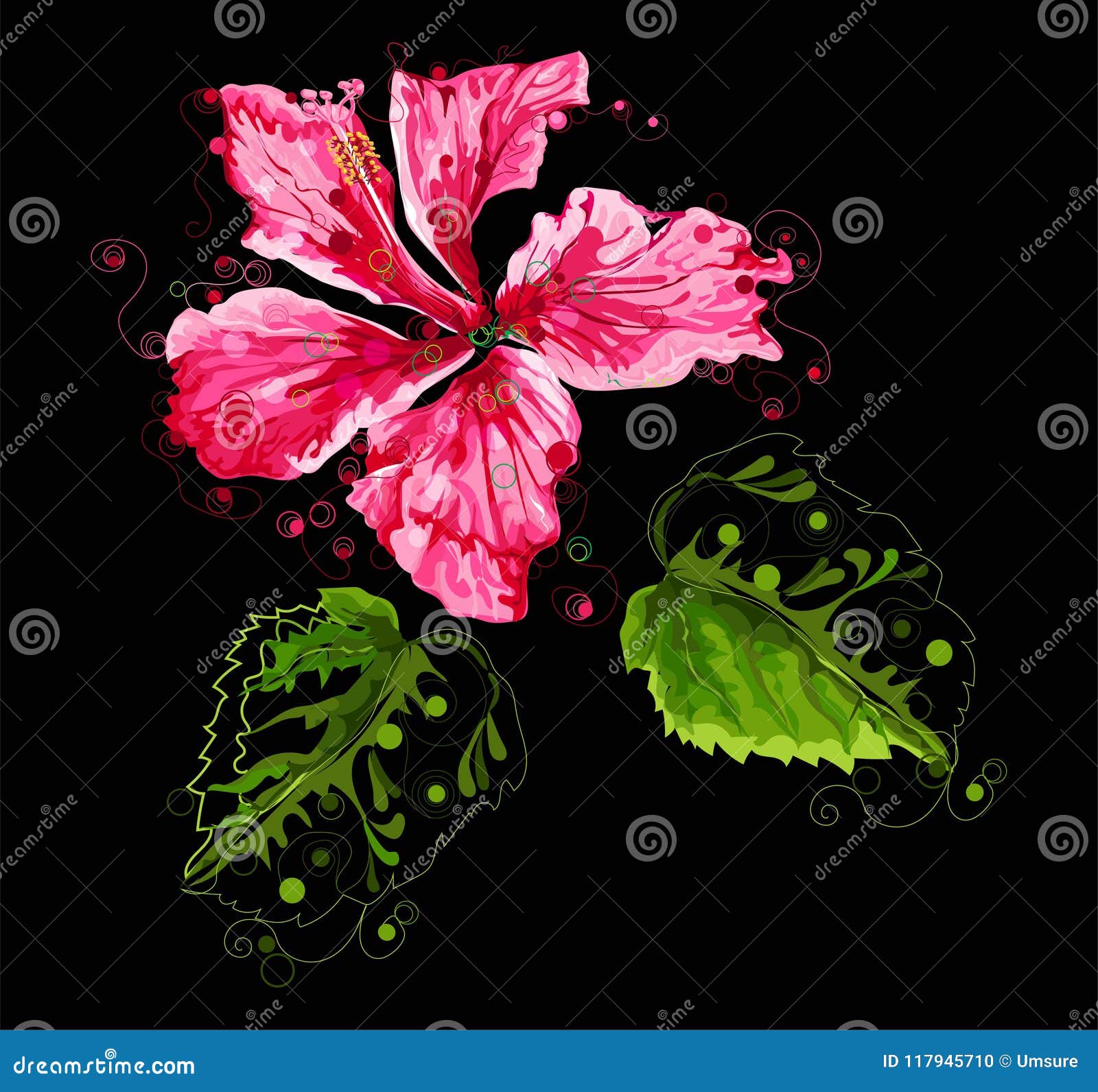 Abstract Hibiscus Flower on Black Background Stock Vector