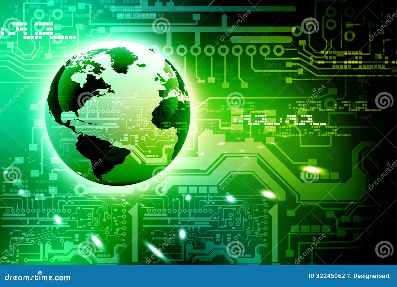 3d illustration of abstract high tech circuit board and world