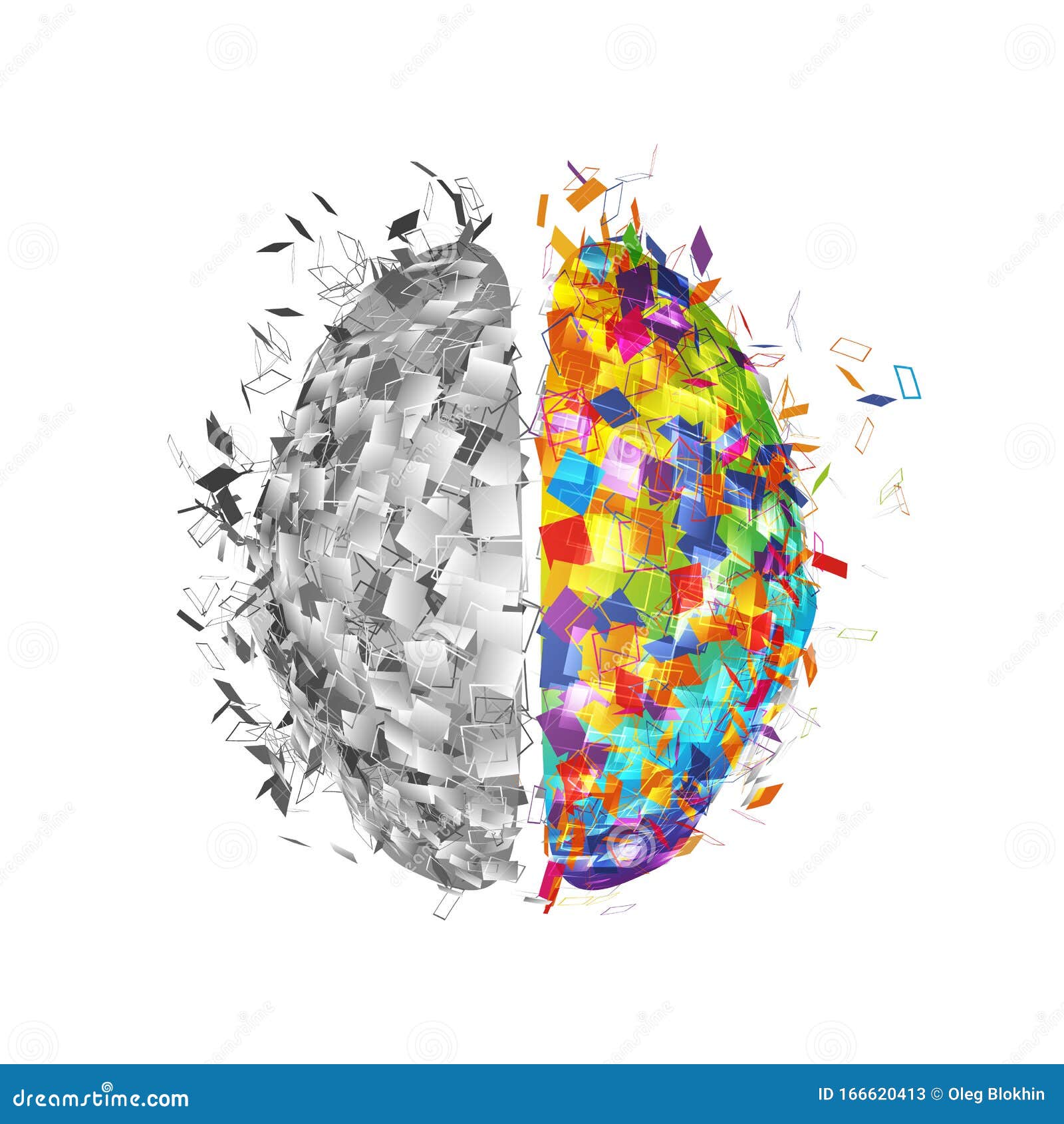 abstract human brain with colorful right part and monochromicorn left part . visual logo of mind   