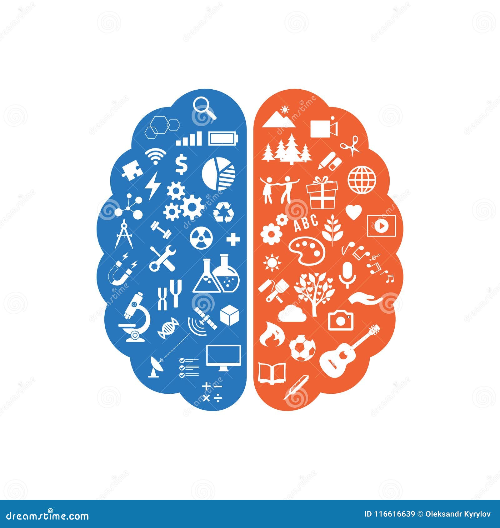 abstract human brain with the icons of art and science. the concept of work left and right sides of the human brain. education ico