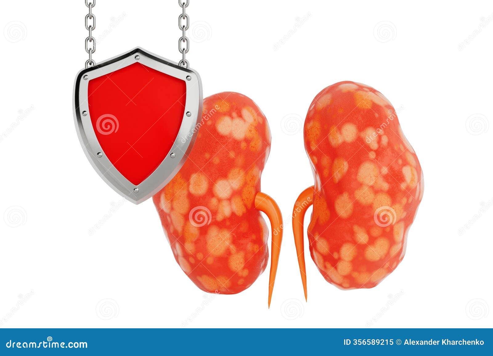 abstract human kidneys anatomy structure protected by red shield. 3d rendering