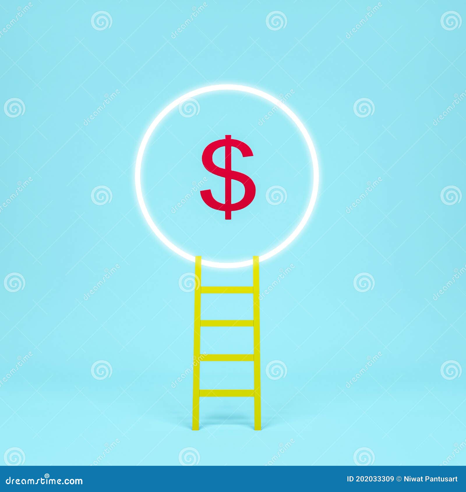 abstract idea yellow stair to hollow light red dollars curency in blue background. minimal concept.idea.flat lay. 3d rendering