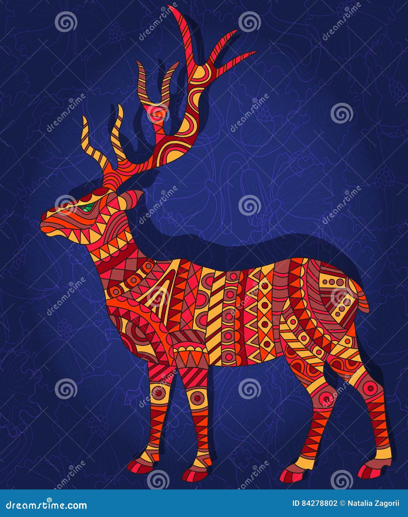 Abstract Illustration with Red Deer on a Dark Blue Floral Background Stock Vector Illustration