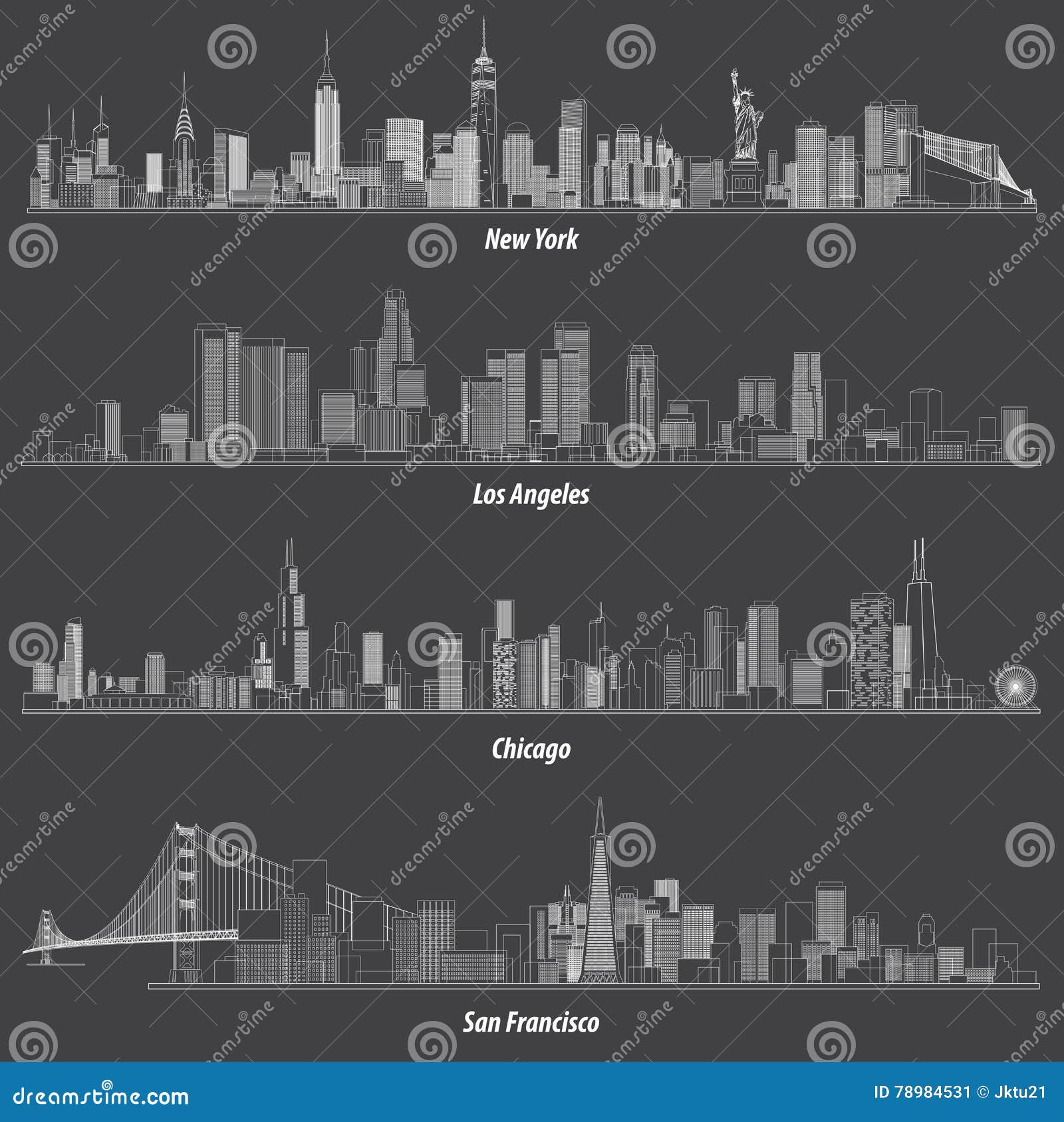 Abstract Illustrations Of United States Outlines City Skylines Stock