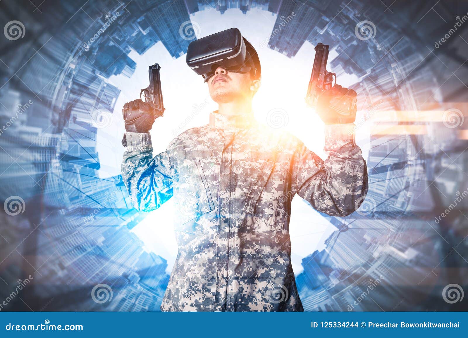 the abstract image of the soldier use a vr glasses for combat simulation training overlay with the polar coordinates city image