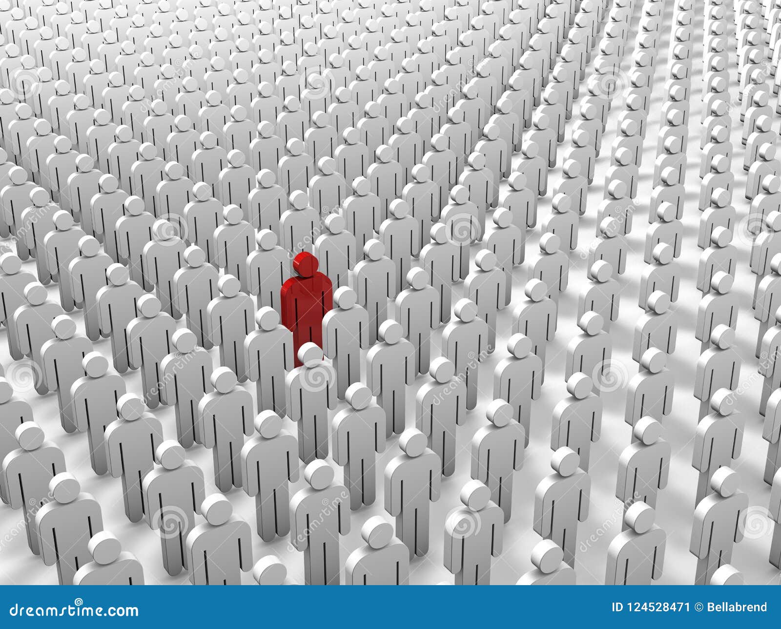 Abstract individualiteit, uniciteits en leidings bedrijfsconcept: enig rood 3D mensencijfer in overvolle groep witte cijfers