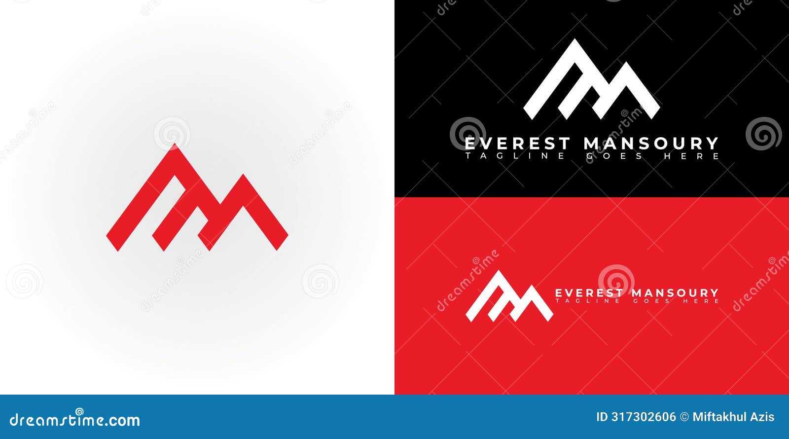 abstract initial mountain letter em or me logo in red color  on multiple background colors.