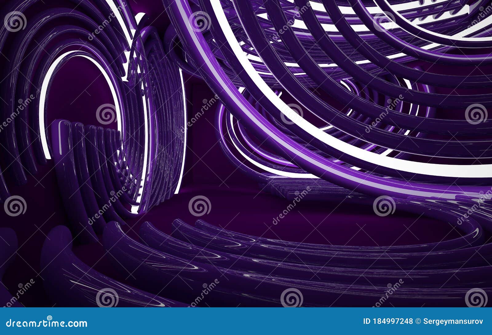 abstract interior of the future in a minimalist style, consisting of structure violet arcs. night view from the backligh. architec