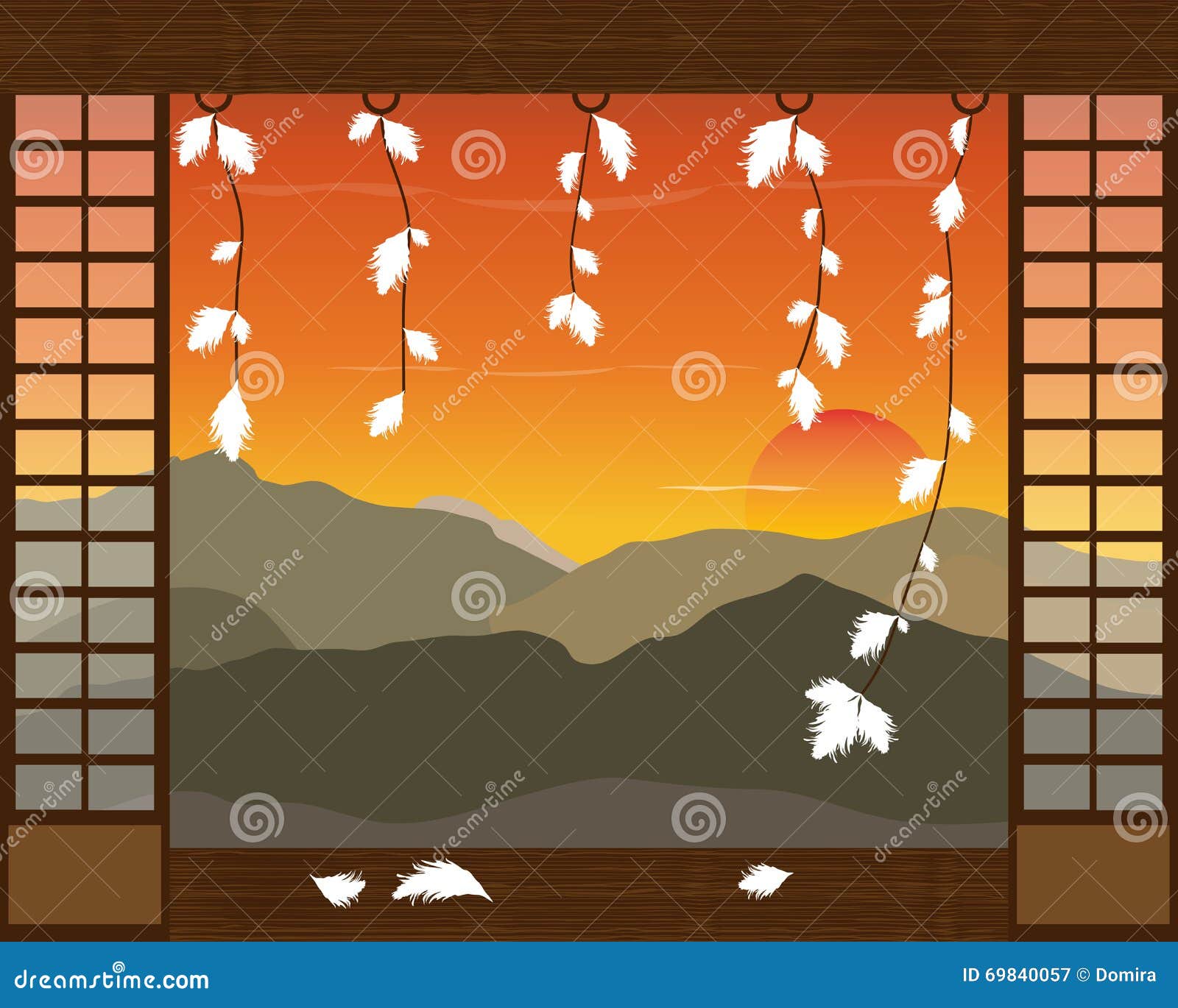 Abstract Japanese Landscape of the Mountains and the Sunset. Vector