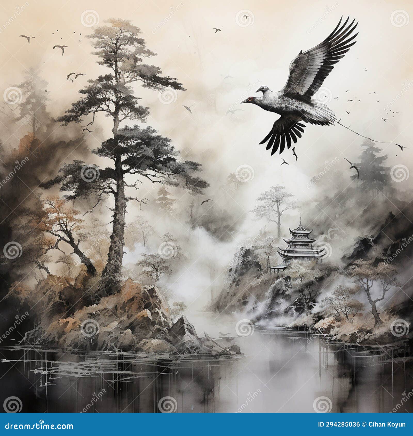 Abstract Japanese Sumie Bird Painting Stock Illustration