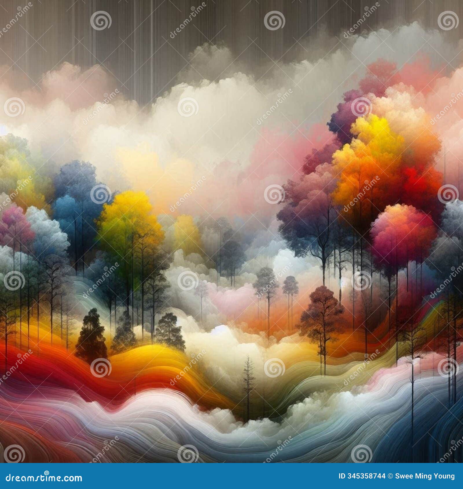 abstract landscape image of trees with misty background in vibrant ethereal fantasy cloudy flowing colors.