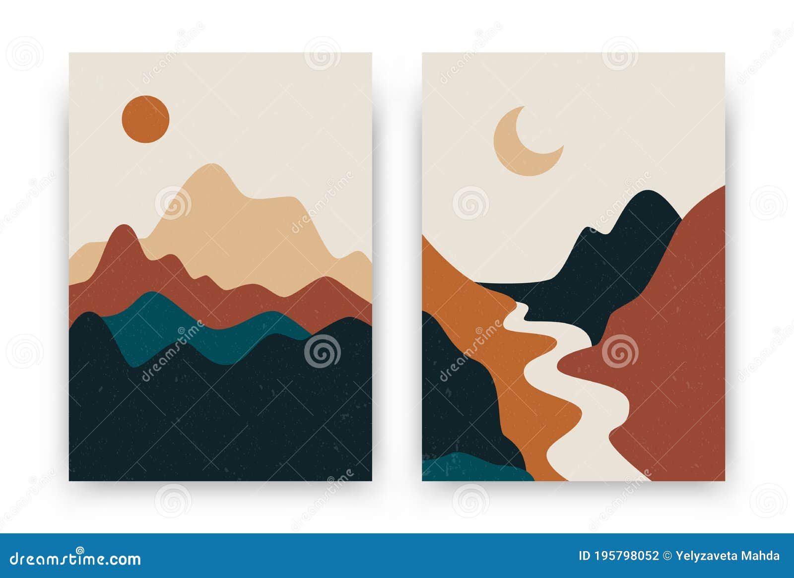 abstract landscape posters. contemporary boho background set, modern sun moon mountains minimalist wall decor.  art print