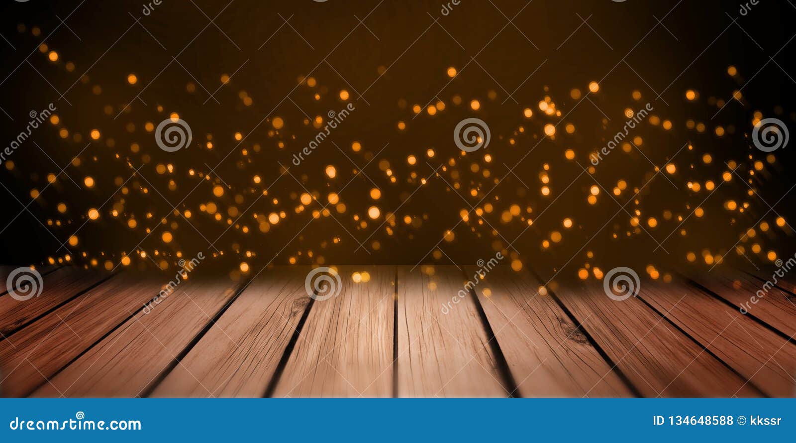 abstract lights orange bokeh on wood plate shelf table perspective.