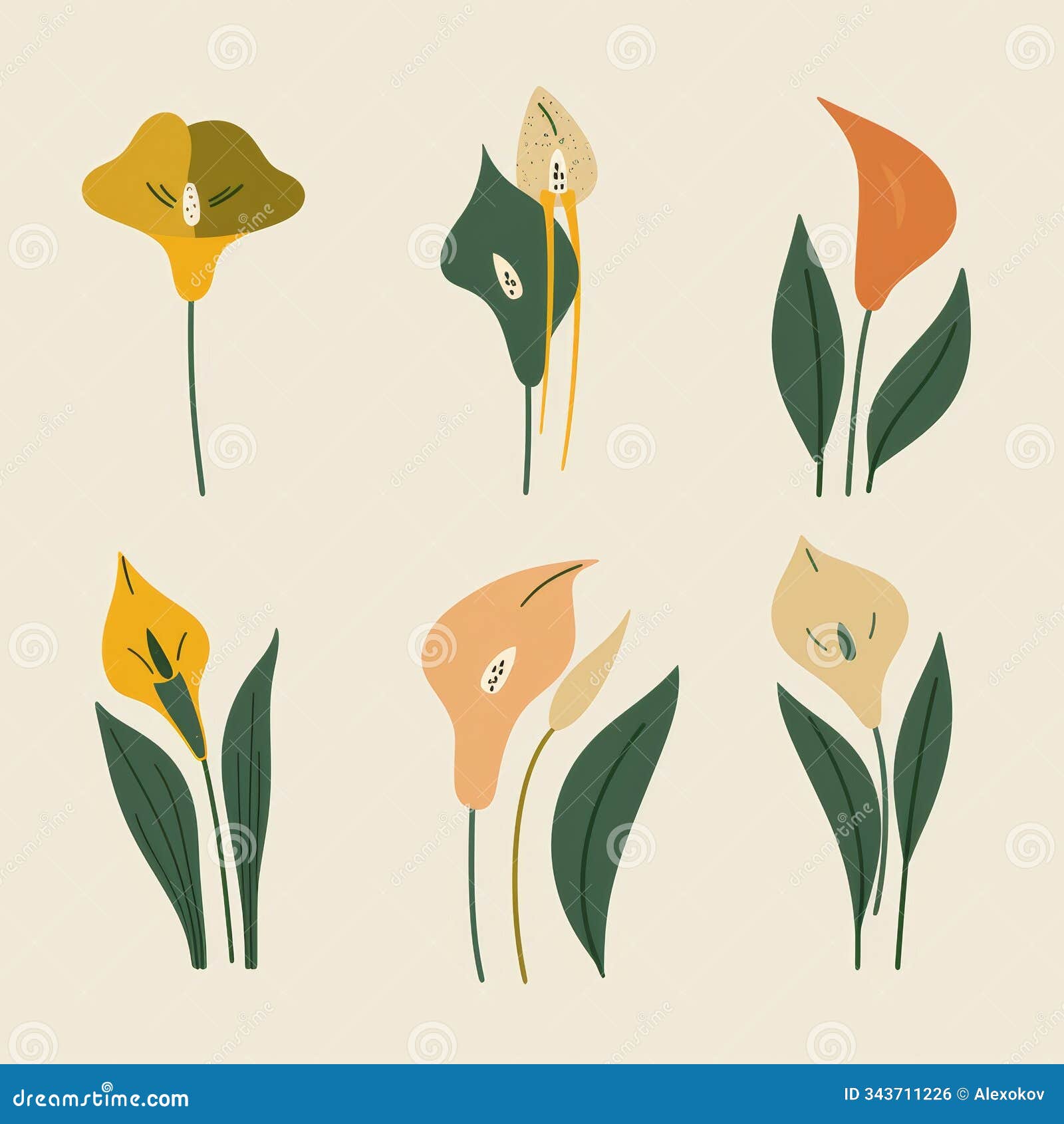 abstract lily s in pastel colors, non-uniform petrol green and light green brick background, mustard acce