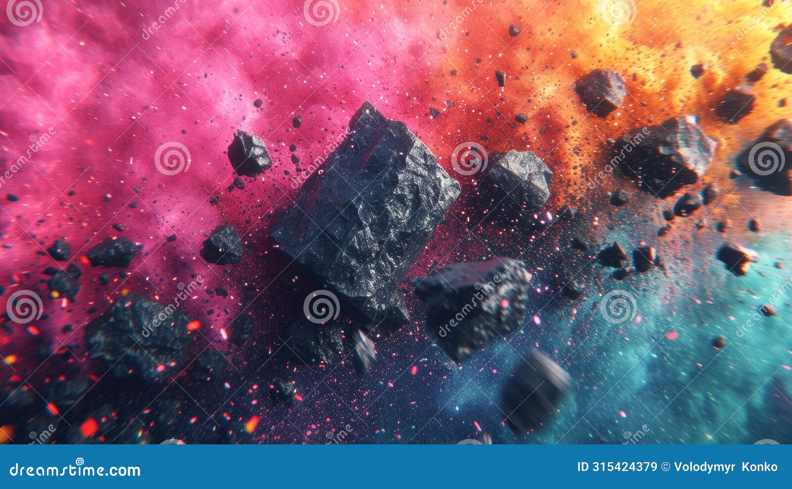 abstract meteorites in colorful space nebula