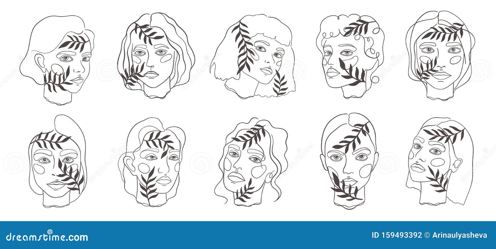 abstract minamal face line art. set elegant women sketch